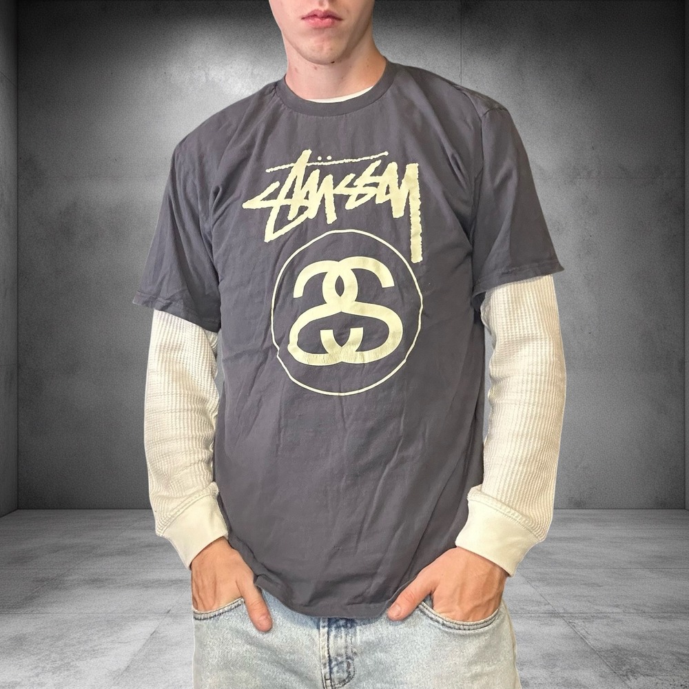 Stussy Vintage Y2K Graphic T-Shirt Charcoal Grey Boxy Fit Mens Large